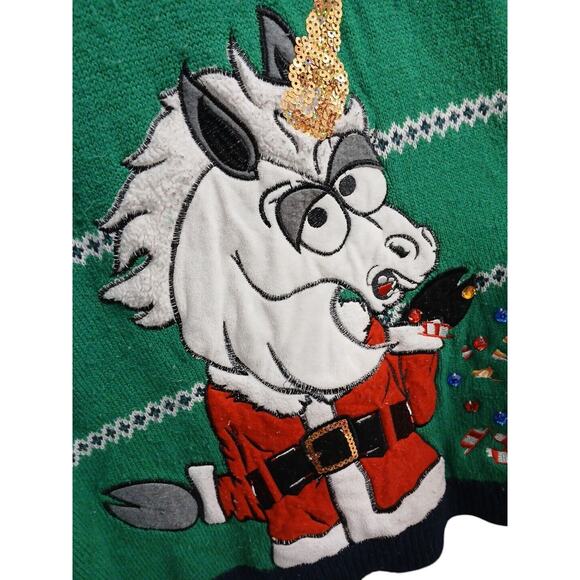 Ugly Unicorn Christmas Sweater Sz XXL Green Crazy Santa Sequins Fair Isle Whimsi - Picture 4 of 15
